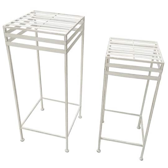 Santa's Workshop Antique White Iron Plant Stands Set